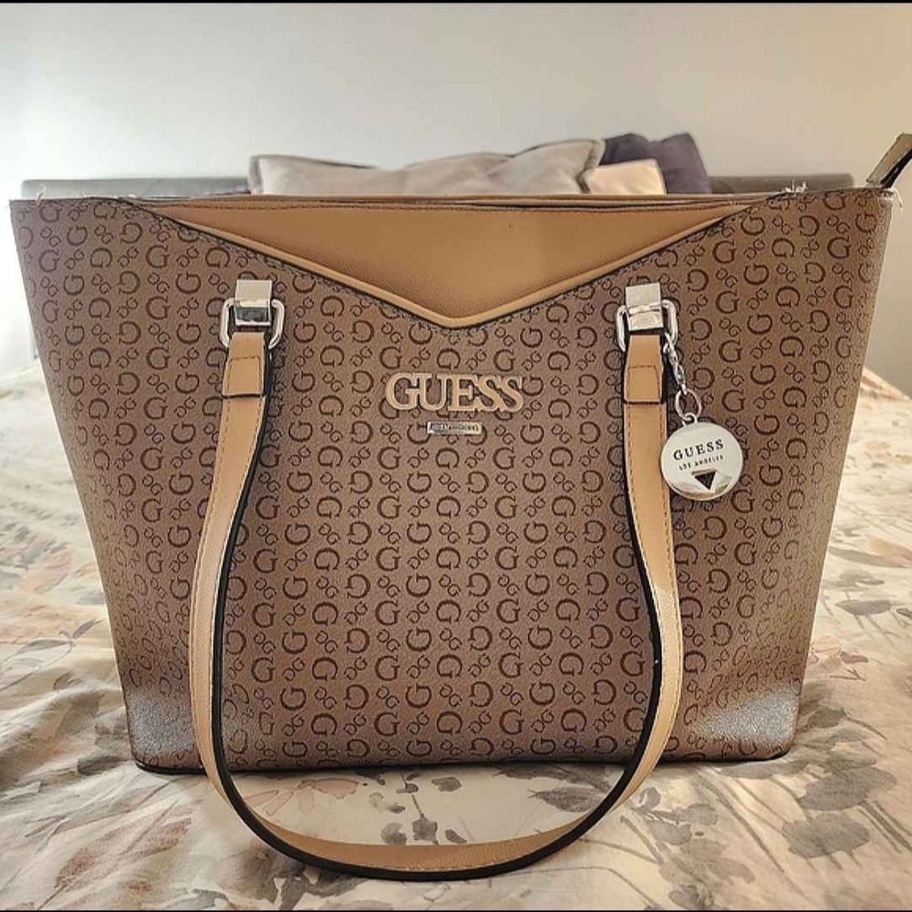 GUESS Brown Logo Monogram Tote with Tan Trim